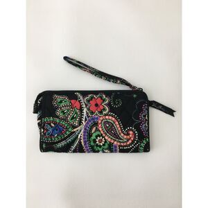 Vera Bradley All in One Wristlet Wallet Black Floral Paisley Quilted 8"